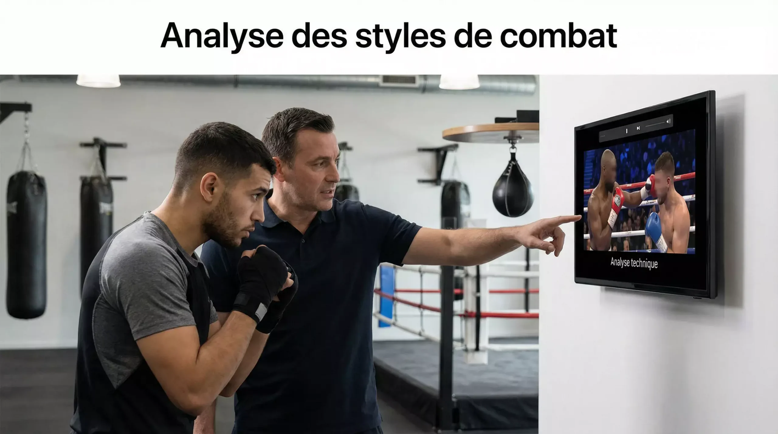 Entraîneur de boxe analysant un combat avec son boxeur devant un écran