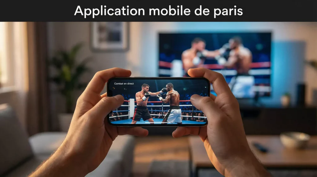 Mains tenant un smartphone devant un écran diffusant un combat de boxe