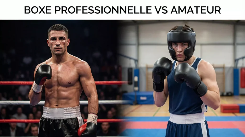 Deux boxeurs côte à côte avec équipements pro et amateur différents