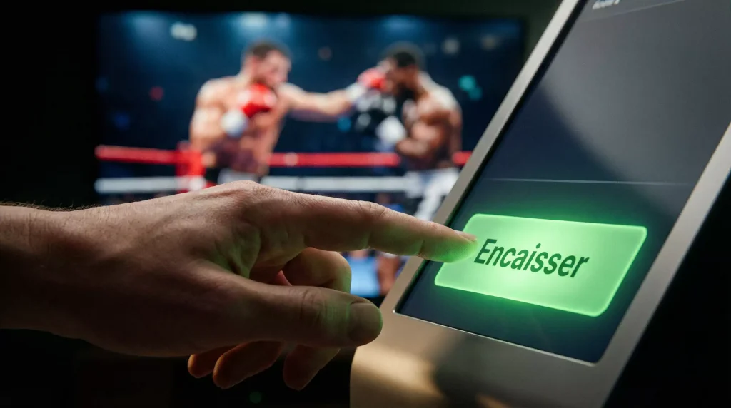 Main appuyant sur un bouton lumineux pendant un combat de boxe