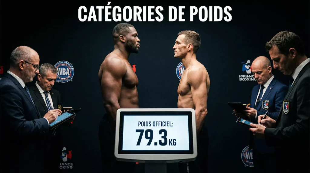 Catégories de poids boxe : pesée officielle avec balance et boxeurs