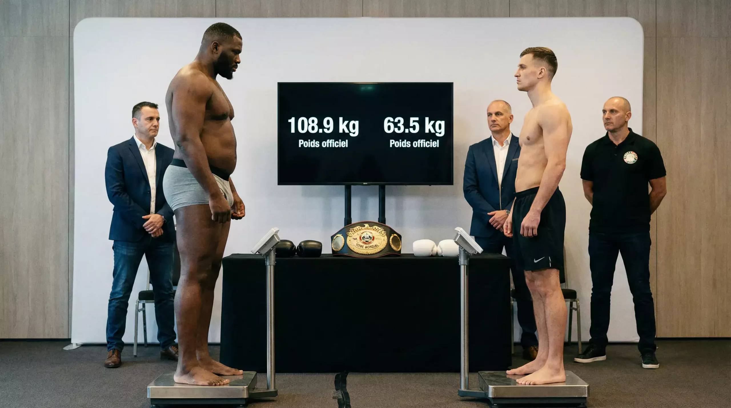 Boxeurs professionnels de différentes catégories de poids lors de la pesée officielle