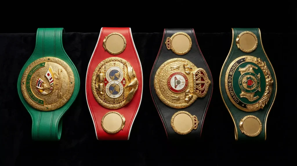 Ceintures de boxe championnat du monde exposées sur fond sombre