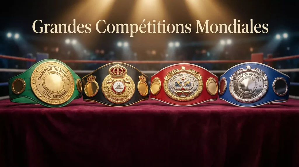 Ceintures de champion du monde WBC WBA IBF WBO exposées sur le ring