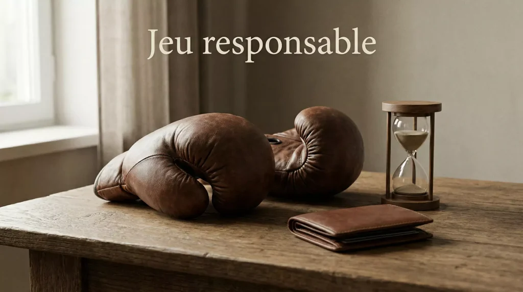 Jeu responsable paris boxe — main posant un gant de boxe avec contrôle et mesure