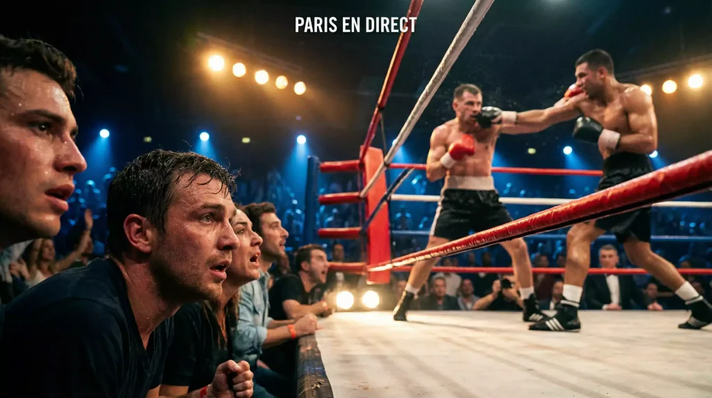 Live betting boxe : spectateurs captivés devant un combat en direct