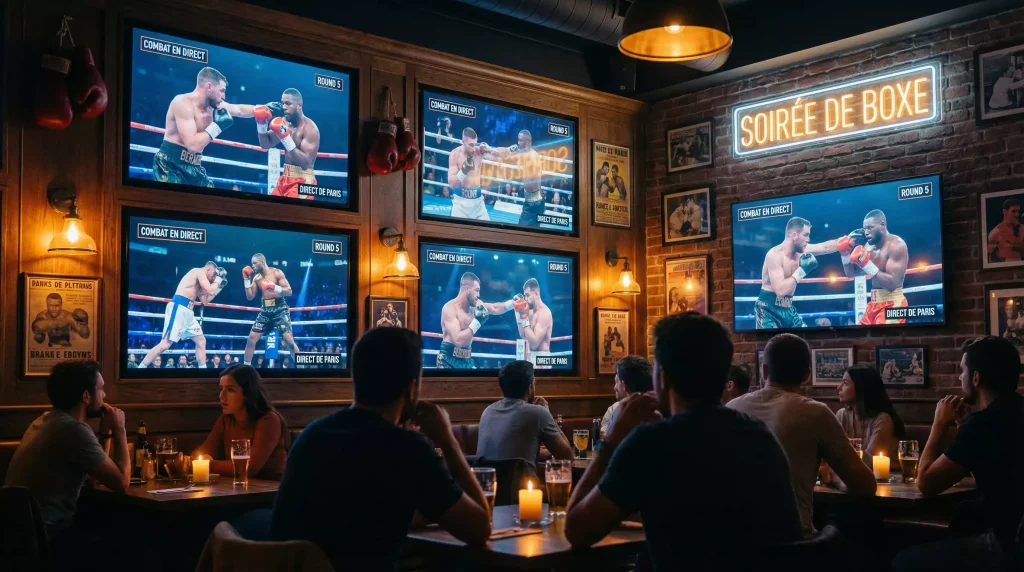Paris combinés boxe : plusieurs combats affichés sur un écran de salle de sport