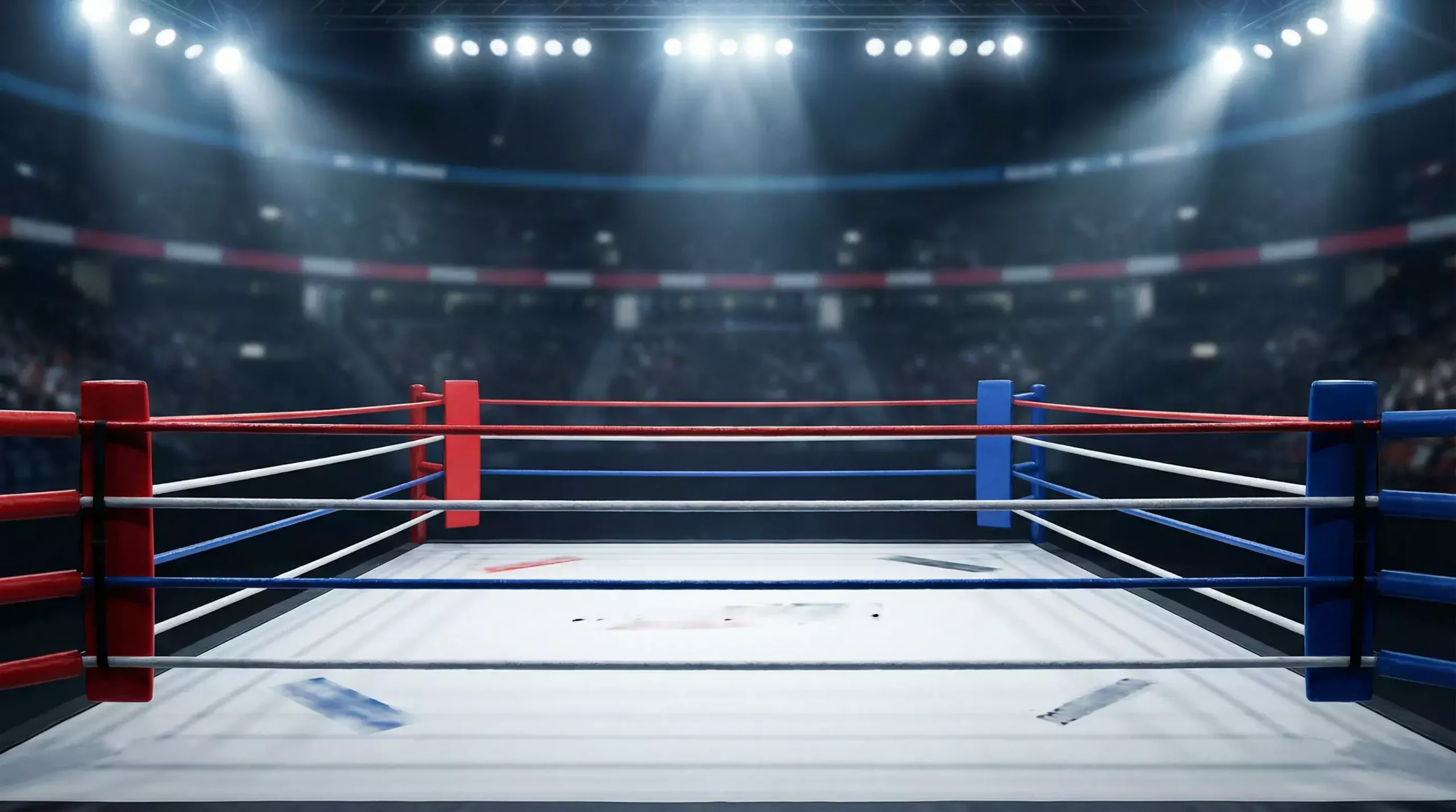 Ring de boxe professionnel éclairé sous les projecteurs avant un combat de championnat