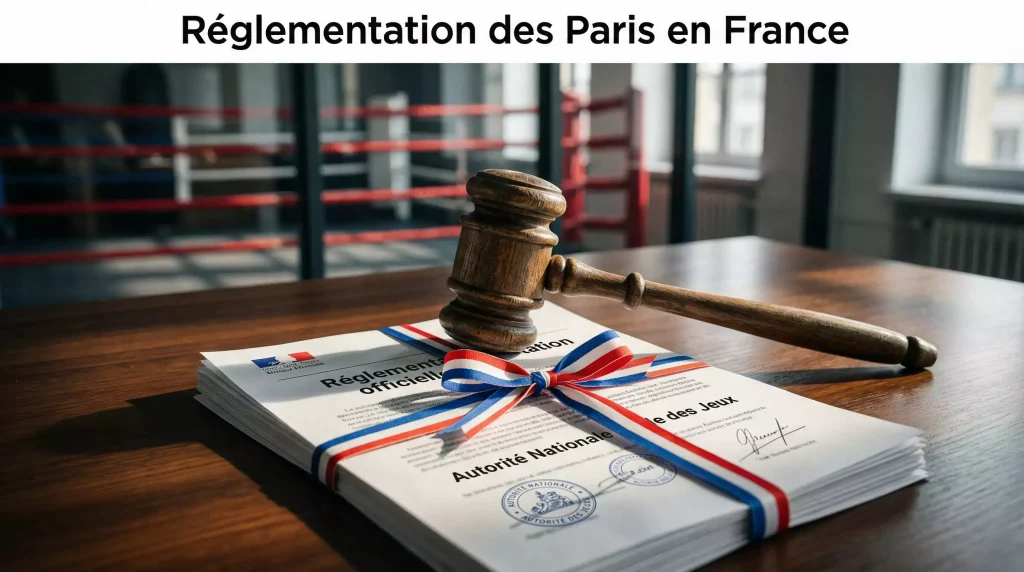 Documents officiels et maillet de justice devant un ring de boxe