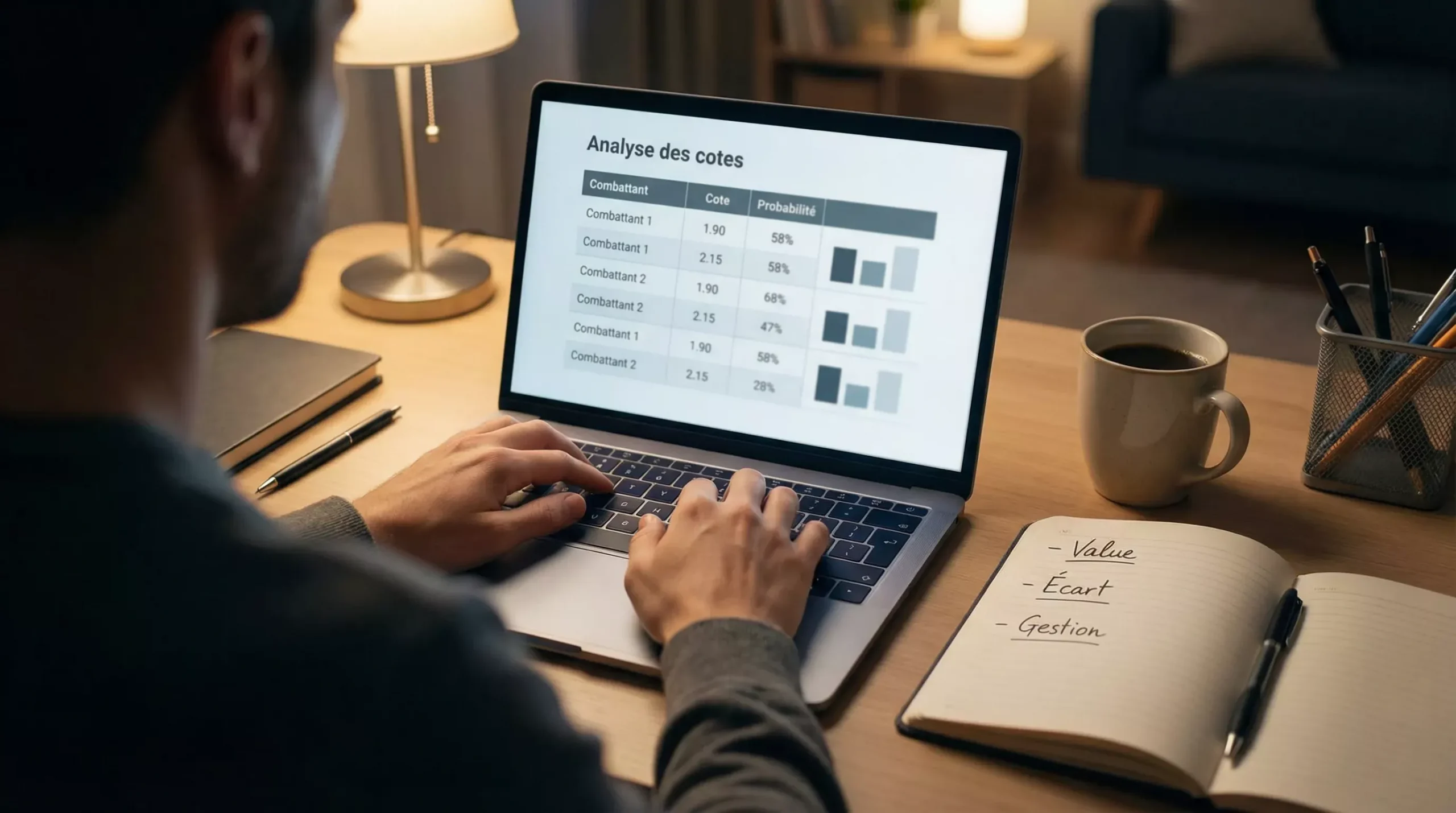 Parieur analysant des statistiques de boxe sur ordinateur portable